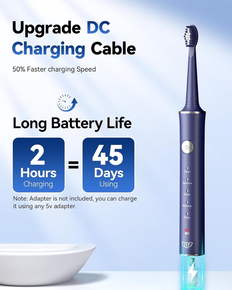 JTF Sonic Electric Toothbrush for Adults and Kids: 8 Brush Heads, Smart Timer and 5 Brushing Modes for Deep Cleaning & Whitening, Rechargeable Portable Toothbrush for Sensitive Teeth, Travel, Home Use - Image 5